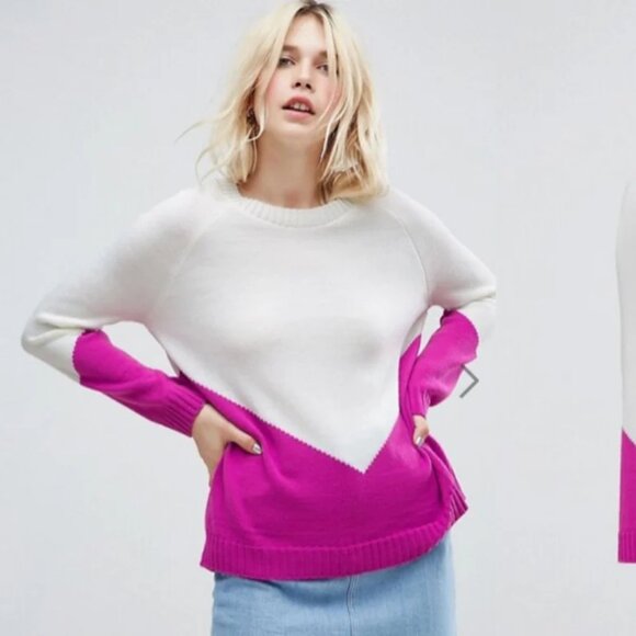 ASOS Colorblock Knit Sweater Size 2 | Cream & Magenta Pullover Jumper - Picture 1 of 7